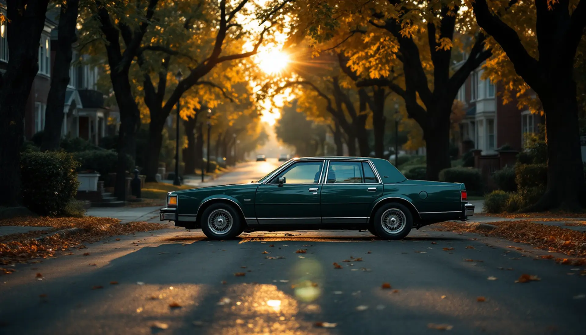 A dark green sedan parked on a quiet tree-lined street at golden hour